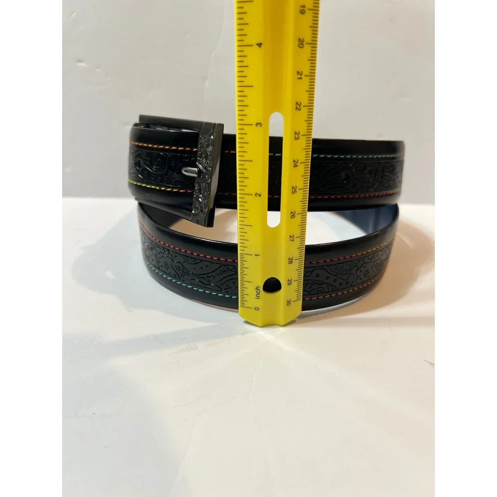 Robert Graham Mens Black Leather Paisley Embossed Belt Rainbow Stitch Size 32